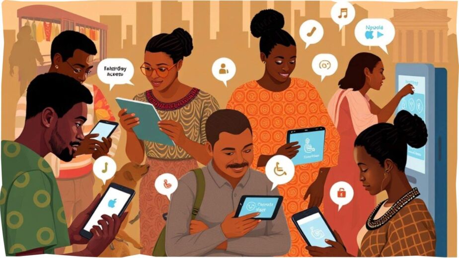 A diverse group of six people in a city setting, all focused on their handheld devices (phones and tablets). Speech icons and app icons float around them, illustrating digital collaboration and connectivity.