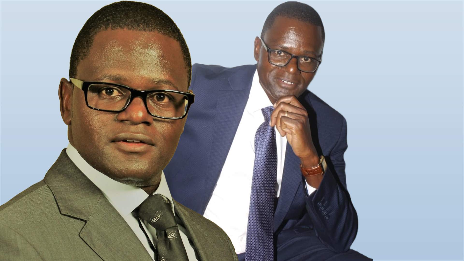Two posed photos of Kizito Namulanda in a suit: one with a neutral expression and another with a thoughtful pose, arranged side by side.