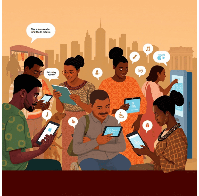 A diverse group of six people in a city setting, all focused on their handheld devices (phones and tablets). Speech icons and app icons float around them, illustrating digital collaboration and connectivity.