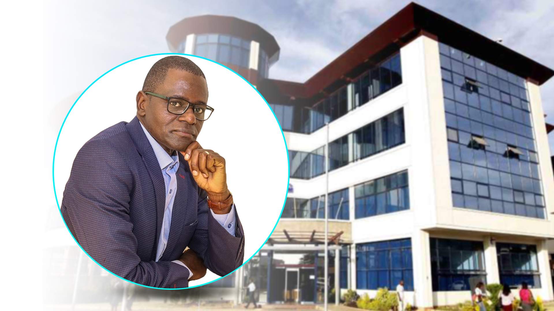 A Kizito Namulanda wearing a blue blazer and glasses sits with his hand resting on his chin, shown in a circular in-set over Standard Group headquarters on Mombasa Road, Nairobi.